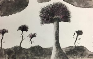 A drawings of five trees on a landscape