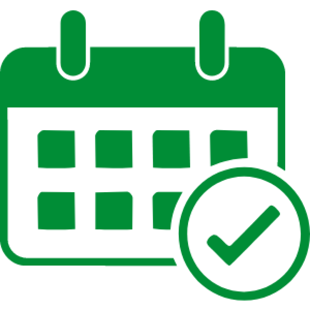 Calendar icon with a checkmark overlay, displayed in a simple green design, representing scheduled events, bookings or appointments.