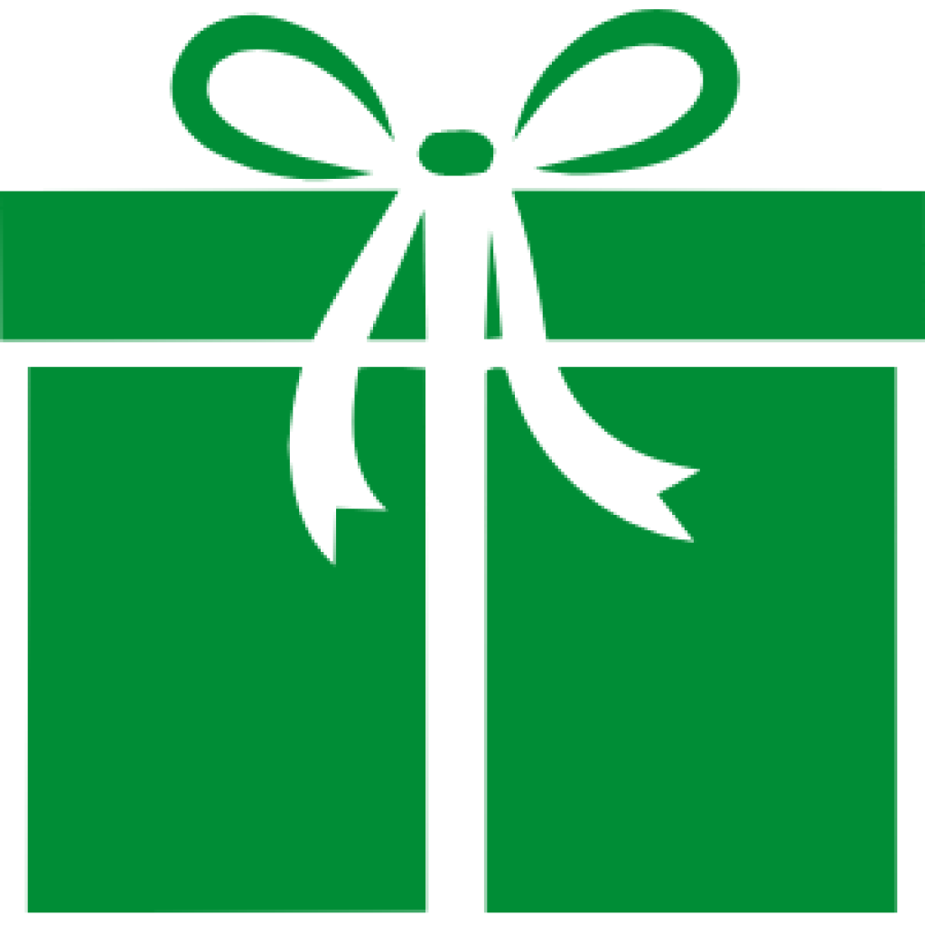 Gift icon showing a wrapped present with a ribbon and bow in a simple green design.