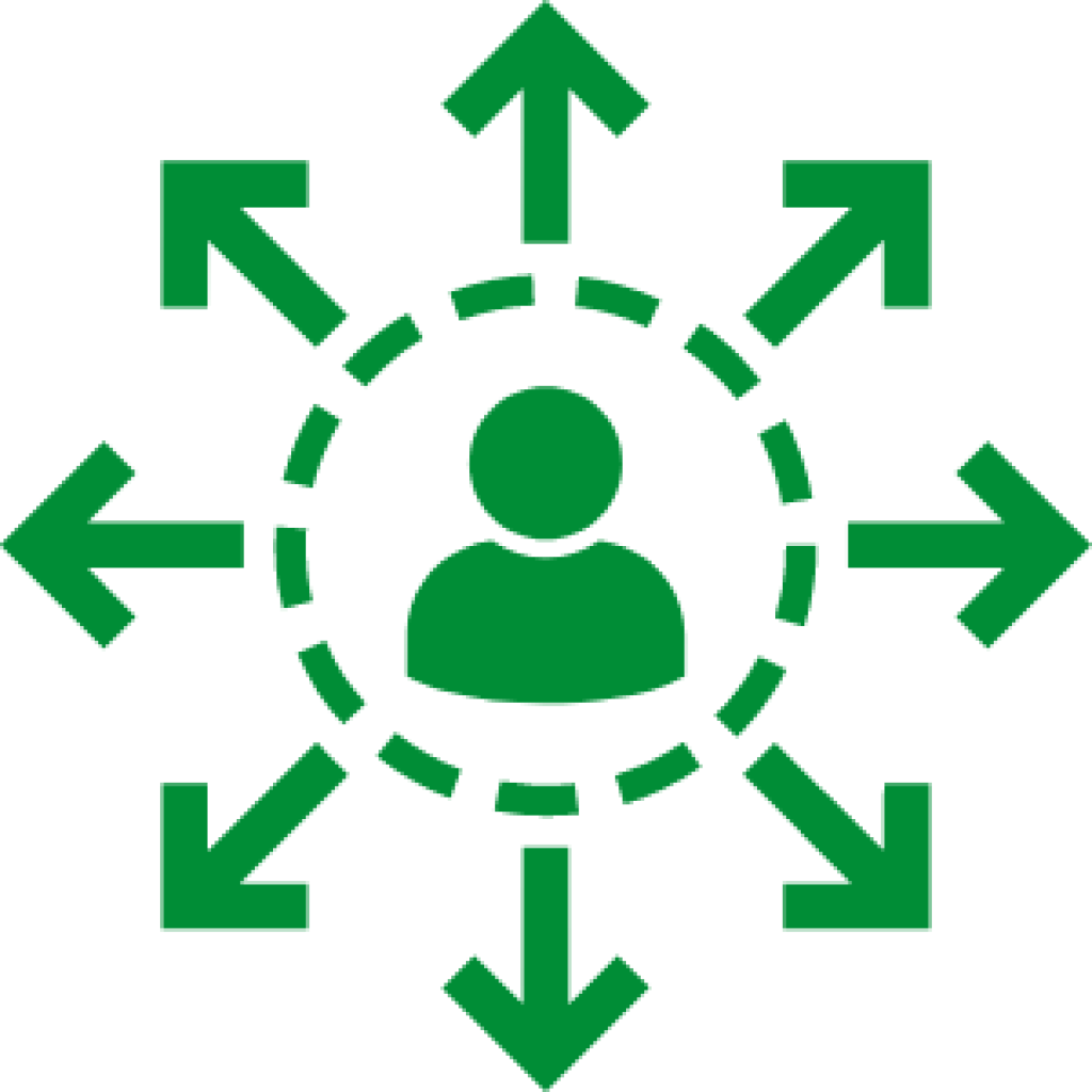 Person-centred support icon showing a figure at the centre of a circle with arrows pointing outward in multiple directions, displayed in a simple green design.