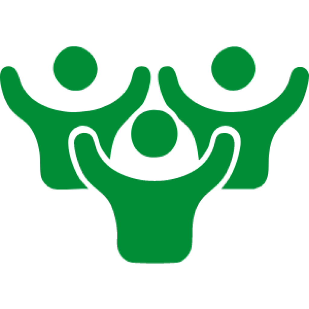 Group icon showing three stylised people with raised arms in a simple green design, representing community, teamwork and participation.