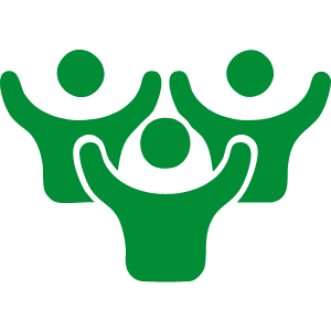Group icon showing three stylised people with raised arms in a simple green design, representing community, teamwork and participation.