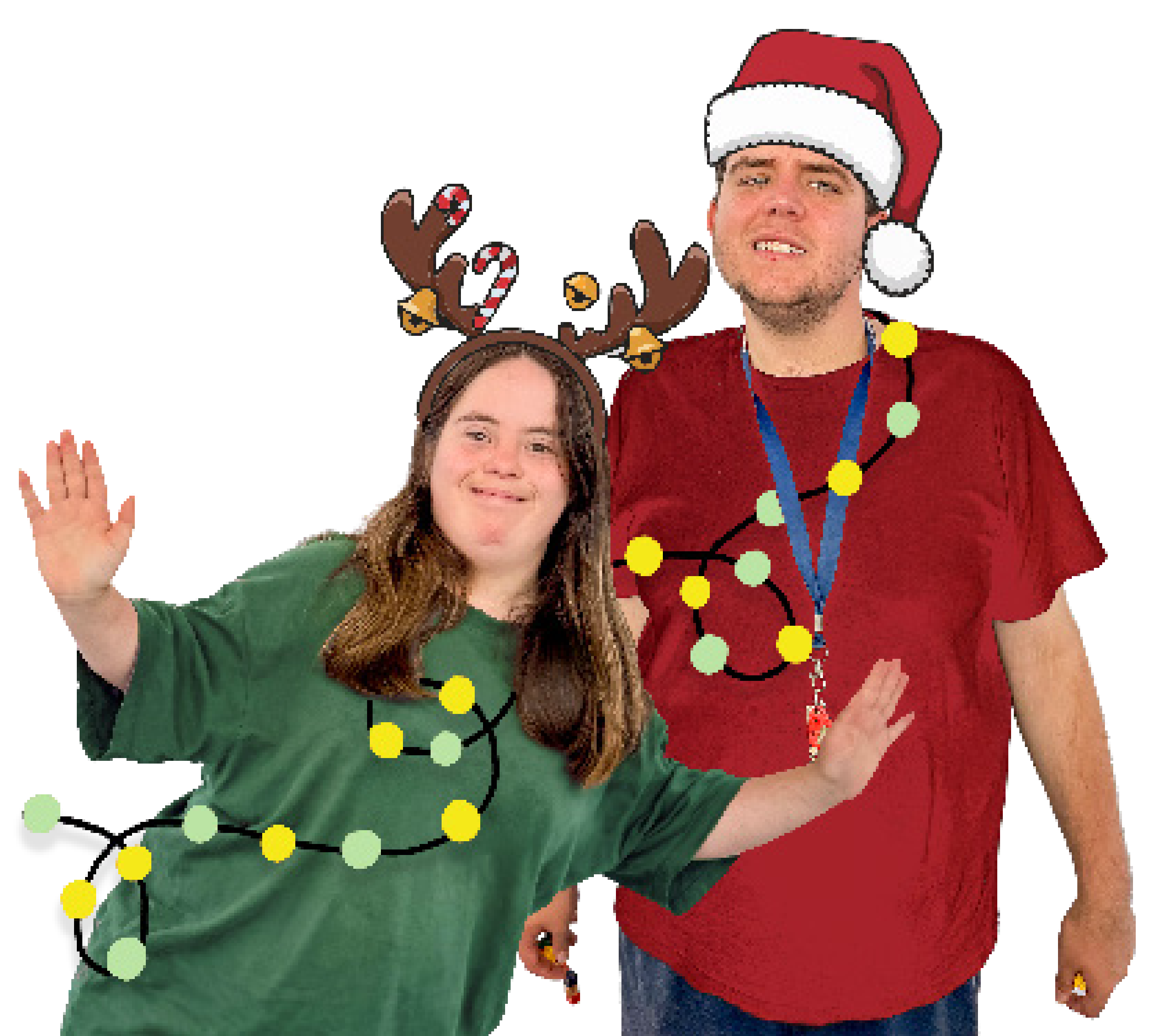 Two STEPS Pathways College participants wearing festive Christmas-themed decorations pose together for the Gift Wrap to Give Back campaign. One participant wears reindeer antlers and both are decorated with colourful Christmas light garlands.