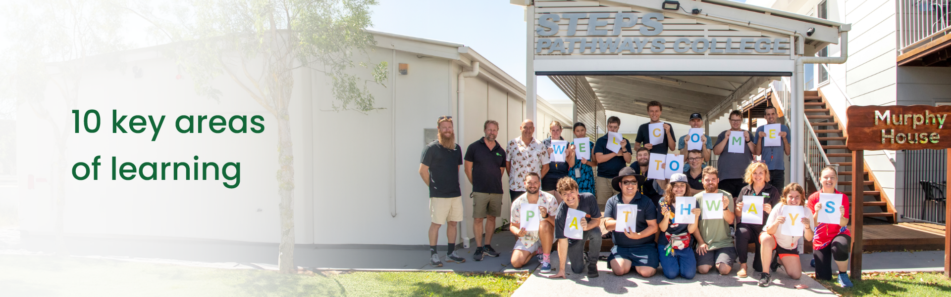 STEPS Pathways College participants and staff outside holding up letters that spell out 'Welcome to Pathways'. There is also the title text '10 key areas of learning'.