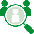 Icon showing a magnifying glass over a person symbol, with additional people figures behind it.