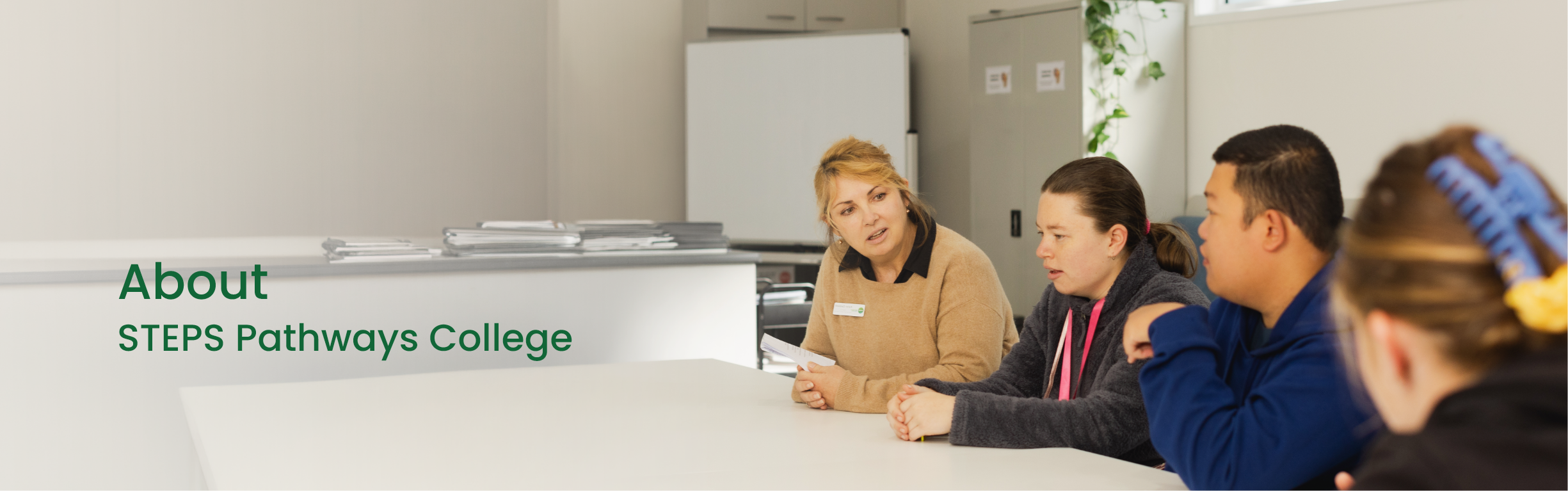 Banner image for STEPS Pathways College showing a trainer and participants seated around a table in a classroom discussion. Text on the image reads: "About STEPS Pathways College."