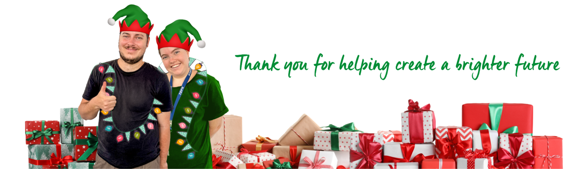 Two STEPS Pathways College participants wearing festive elf hats and Christmas-themed decorations stand beside a collection of wrapped presents. Text on the image reads, “Thank you for helping create a brighter future.”