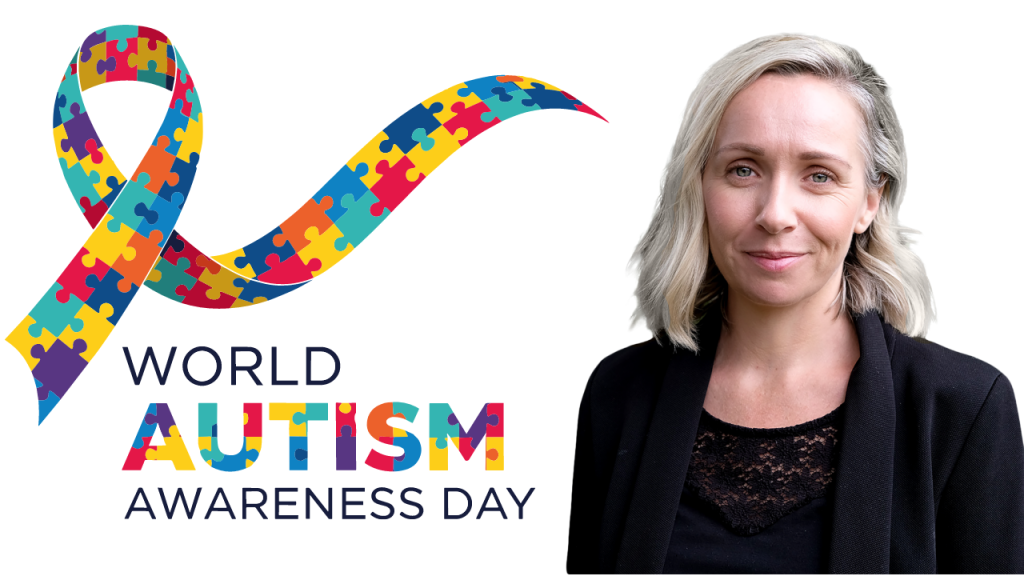 World Autism Awareness Day logo, a ribbon of rainbow-coloured jigsaw pieces, next to photo of Executive Principal Stephanie Patey.