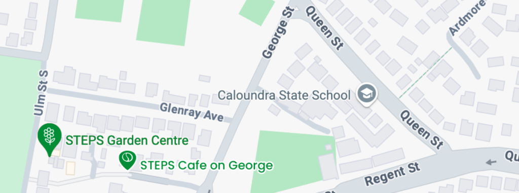 A map with pins on STEPS Garden Centre and STEPS Café on George