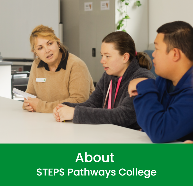 Promotional image for STEPS Pathways College showing a trainer and participants seated around a table during a classroom discussion. Text reads: "About STEPS Pathways College".