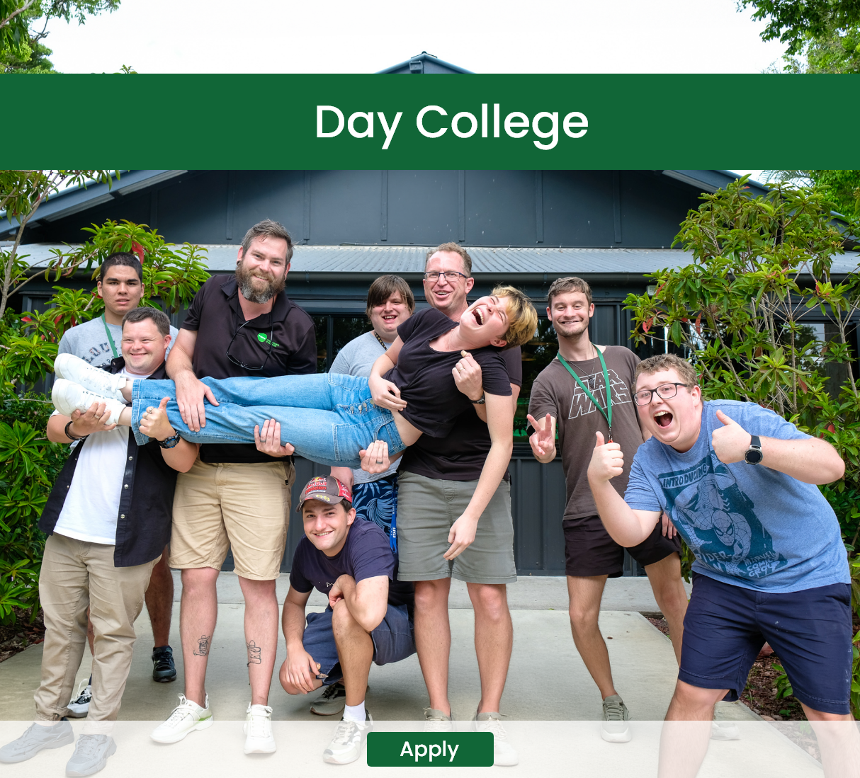 A banner of STEPS Pathways College participants and trainers smiling and laughing outside of the STEPS Cafe on George with overlay text saying 'Day College' and a button saying 'Apply'