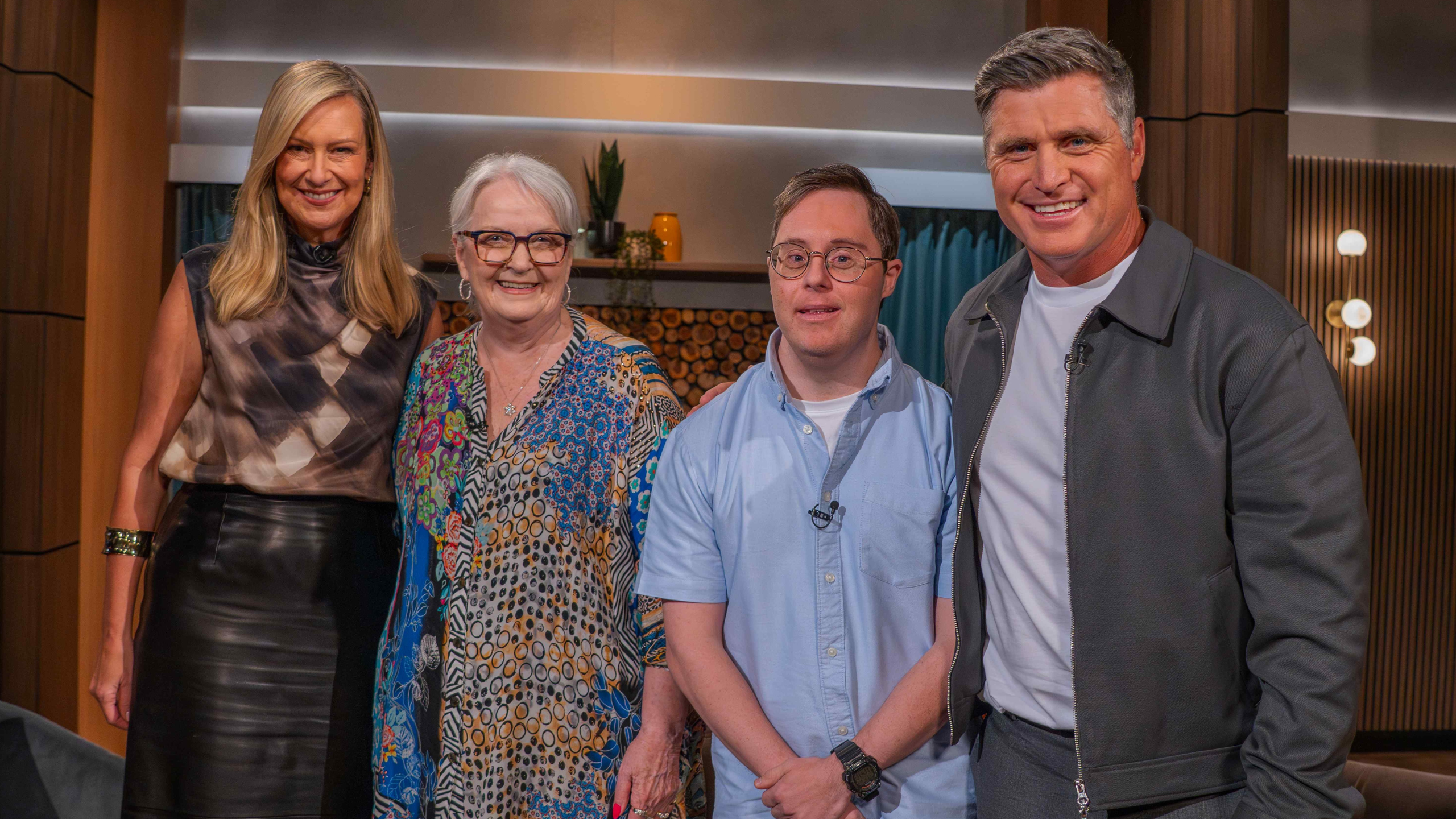 [L-R] Melissa Doyle AM, Carmel Crouch AM, STEPS Pathways College graduate Tom, and Shane Crawford on House of Wellness set.