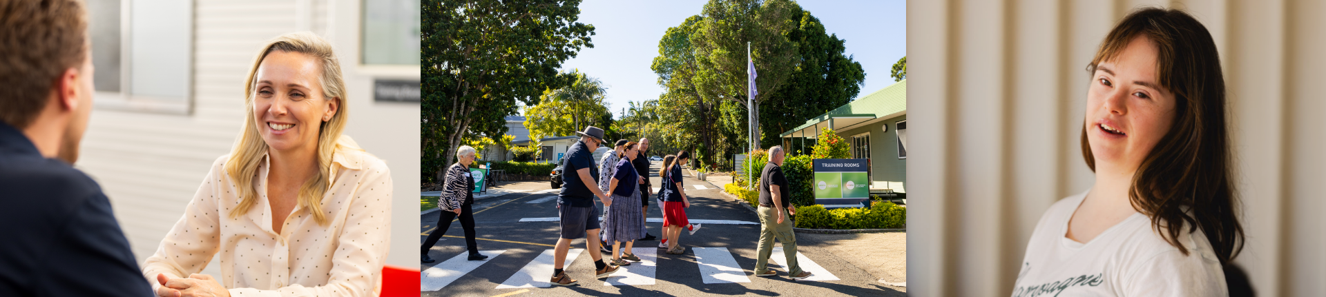 People interacting and walking on the STEPS Pathways College campus.
